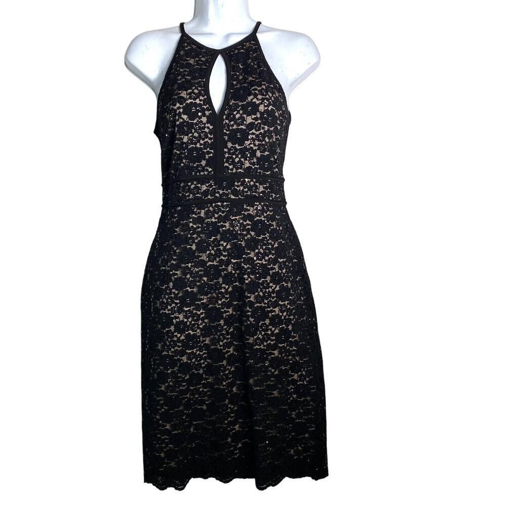 Night Way Black Strech Lace Halter Cocktail Dress  Sz 4